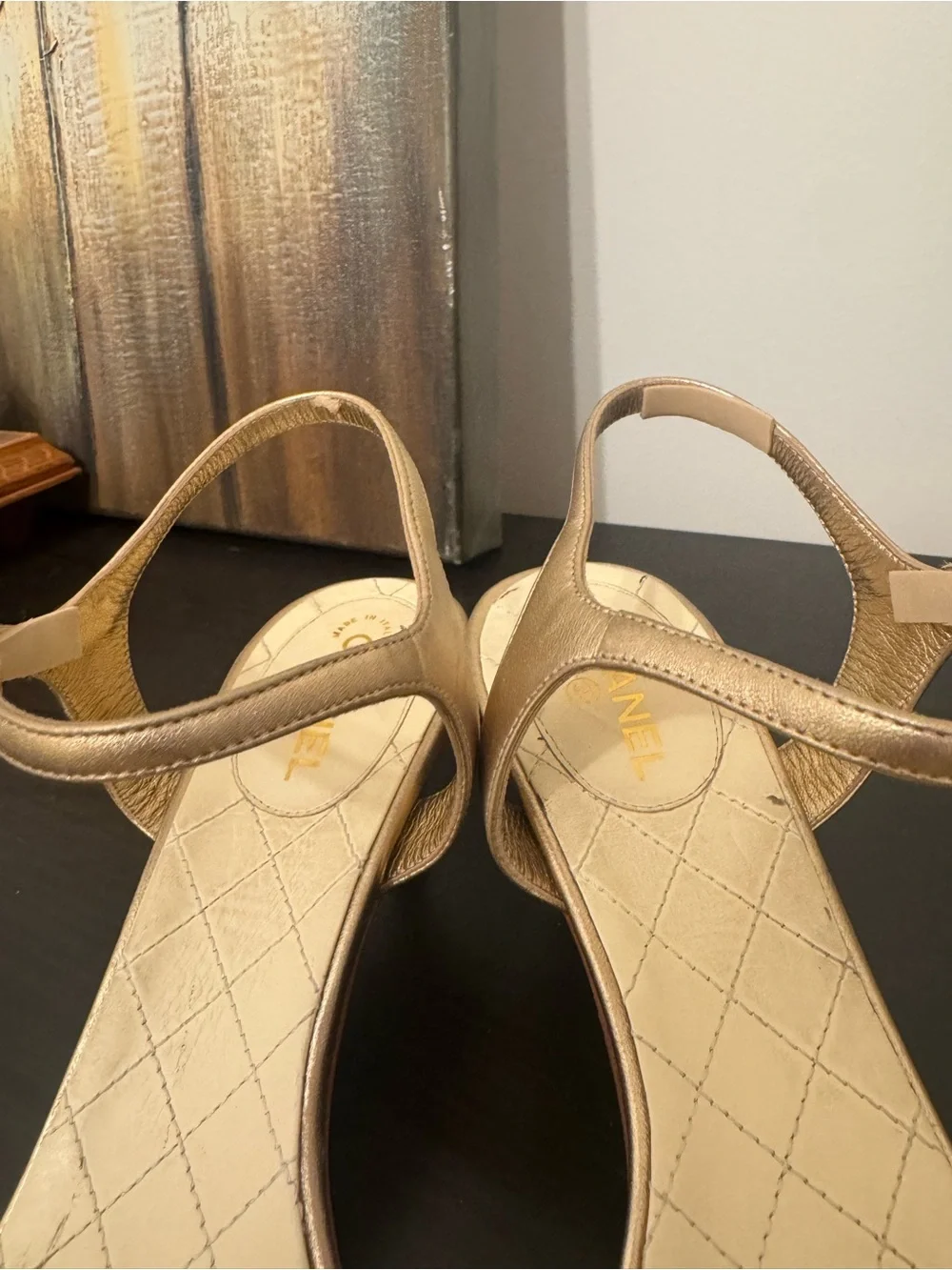 CHANEL metallic gold Camellia leather sandals with ankle - 39 Used